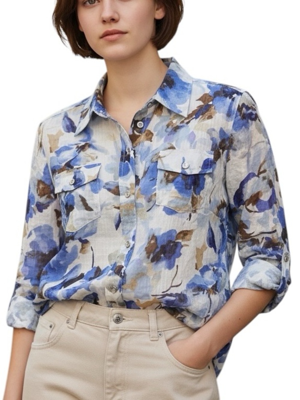 Karen Scott Blue and Brown Floral Button-Front Shirt